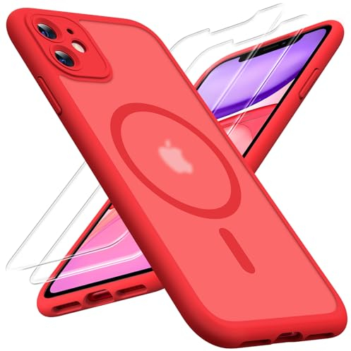 TOCOL für iPhone 11 Hülle für Magsafe, Vollständiger Kameraschutz Stoßfest Kratzfest Transluzente Rückseite Magnetisch Handyhülle für iPhone 11 Case, Rot