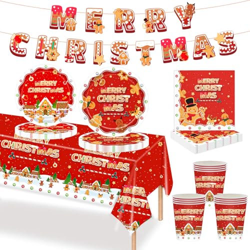 MORAINJAY 70 Pièces de Vaisselle pour Fête de Noël - Ensemble avec Père Noël et Bonhomme en Pain d'Épice, Gobelets, Assiettes, Serviettes et Bannière - Fournitures pour Cadeaux