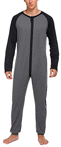 Felcia Mens Bodycon Jumpsuit Pajamas Long Sleeve Round Collar Button Down One Piece Pajamas Rompers Sleepwear Loungewear (A-Grey, XXL)