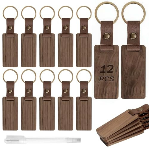 PRZRAO 12 Pièces Porte clés Vierges en Bois avec Boucle en Métal Porte Clef Bois avec Stylo de Menuisier pour Gravure Laser Bricolage Divers Porte Clés Personnalisés