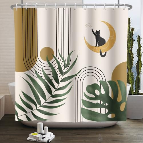Kzzfqxb 180x200cm Rideaux de Douche Boho avec Crochets, Arc Beige Marron Soleil Lune Chat Vert Feuilles Art Moderne imperméable pour Le Bain, Tissu Polyester Salle de Baignoire décor esthétique