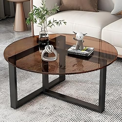 Kreativer Runder Couchtisch Aus Glas Mit Metallrahmen,Runder Wohnzimmertisch Mit Platte Aus Gehärtetem Glas,Mit Stauraum,Boden-Tee-Tisch,Schwarzer Sockel,Cocktail Beistelltisch(Brown,60cm/23.6in)