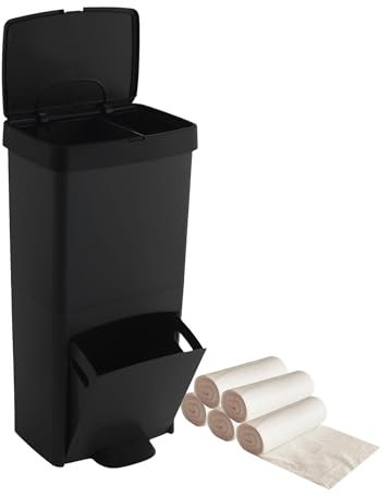 Pack Cubo de basura o reciclaje 70L en NEGRO VERTICAL, 2 compartimentos, Papelera residuos INCLUYE 5 rollos (75 bolsas) de basura de 10l