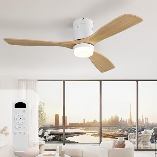 Sofucor Deckenventilator mit Beleuchtung, Deckenventilatorleuchte mit Licht, Fernbedienung, 3 Holzlüfterblätter, DC, Timer, 3 Farbtemperatur, 6 Geschwindigkeiten, Sommer Winterbetrieb