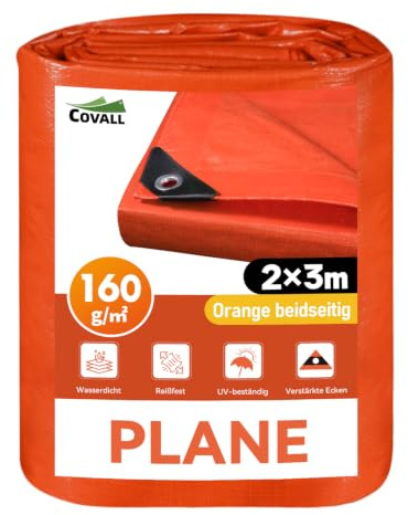COVALL Orange Tarpaulin 2m x 3m, Waterproof Heavy Duty Tarp 160GSM, UV Protection, Reinforced Eyelets, Tear Resistant, Ground Sheets, Multipurpose Outdoor Garden Trailer Cover
