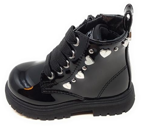 Anfibio Cult T-433 Stivali Combat in Vernice Nera con Cuori,Suola Robusta,Lacci Neri con pratica zip laterale (Nero vernice, Sistema Taglie Calzature EU, Bimbo (0-5 anni), Numero, Media, 23)