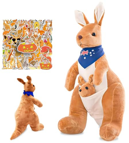 SYTTNUM Känguru Kuscheltier mit Baby 32CM, Känguru Plüschtier Plüschtiere, Kuscheliges Känguru Plüschtier, Entzückende Tierdekoration mit Dazugehörigen Aufklebern, Kinder Geburtstags Geschenk