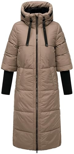Navahoo Damen langer Wintermantel warmer Steppmantel mit Kapuze und Rippstrickärmeln Ciao Miau XIV XS-3XL