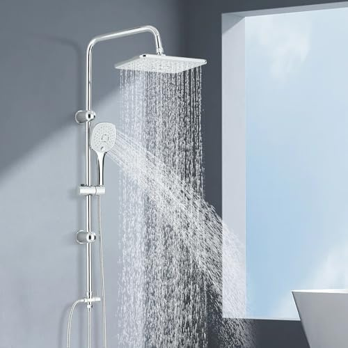 HUAHOMDY Sistema de ducha sin grifería Cromo Ducha de lluvia Juego de ducha sin grifo con cabezal de ducha de lluvia y 3 tipos de chorro, sistema de ducha de mano de acero inoxidable