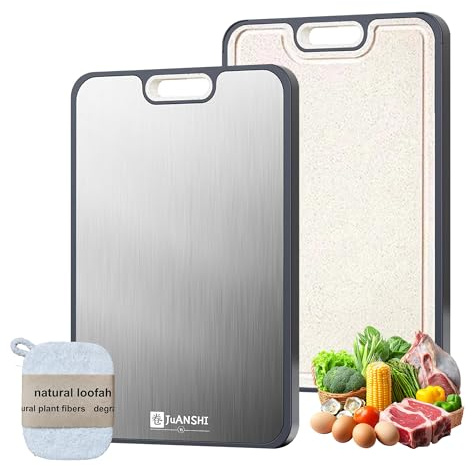 JUANSHI® Tabla de Cortar de Cocina, Doble Cara 2 en 1, Titanio Puro y Paja de Trigo-PP, Grado Alimenticio, 39x28 cm