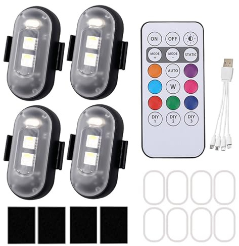 4 PCS Wireless LED Drone Strobe Lights, LED Car Strobe Lights with Wireless Remote Control, 8 Colors USB Rechargeable Waterproof Anti-Collision Mini LED Lights, Flashing Warning Light for Car Drone