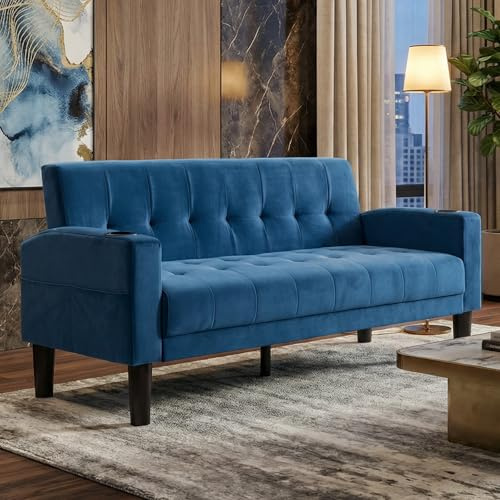 GRAVFORCE Sofa 2 Seater Comfy Upholstered Loveseat Sofa with Cup Holder Pocket Storage Small Sofas for Living Room Bedroom Office Blue