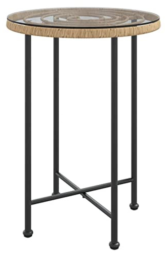 pokgdf Modernes Gartentischset mit Glasplatte, Stabiler runder Bistrotisch für Terrasse und Garten aus Hartglas und Stahl mit UV-beständigem PE-Rattan