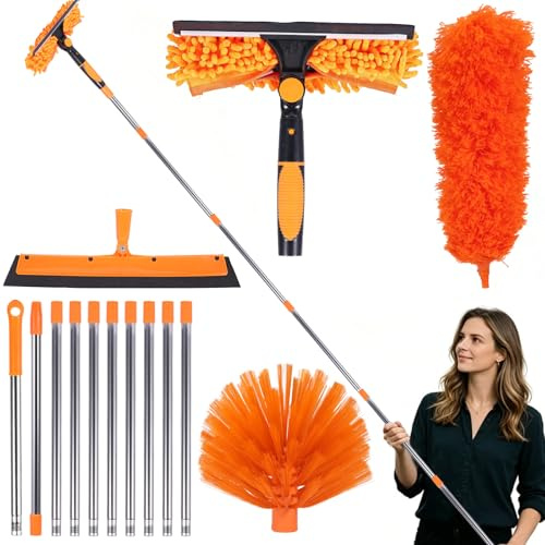5 Piezas Plumero Telescopico Extensible, Kit de Limpieza Microfibra con Escobilla para Ventanas, Cabezal de Escobilla, Cepillo Telaraña y Mango Largo para Techos, Ventiladores, Ventanas y Paredes