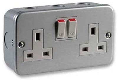 Ex-Pro [1 PACK] 2 Way Double Mains Metal Clad Switched Socket Outlet 13A, Complete with Surface Mounting Back Box