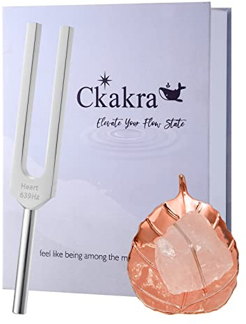 Ckakra Solfeggion Tuning forks with Natural Crystal Kit,Mindfulness Meditation Accessories,Rose Quartz,Calming Tools,639hz Heart Chakra,Bodhi Leaf