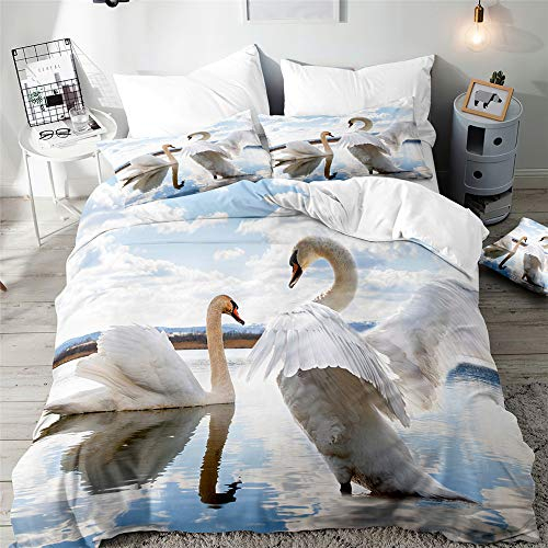 Morbuy Bettbezug Bettwäsche Set, 3D Schwan Drucken Bettwäsche-Set Junge Mädchen Deluxe Mikrofaser Weiche mit Reißverschluss Bettbezug und Kissenbezüge (220x240cm,Weißer Schwan)