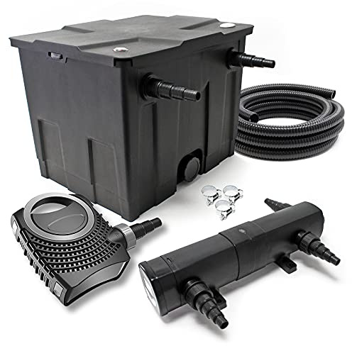 SunSun Komplettset: CBF-350 Teichfilter bis 12000 L Teichfilteranlage Durchlauffilter, NEO8000 Teichpumpe 8000l/h 70W, CUV-224 Teichklärer 24W, 10m Teichschlauch 38 mm, Schlauchschellen W1 44-47mm