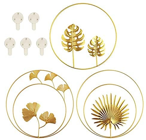 DriSubt Gold Wall Art 3pcs Nordic Style Wall Art Round Leaves Metal Wall Decor for Living Room, Girls Bedroom Decor, Wall Decoration Home Ornaments