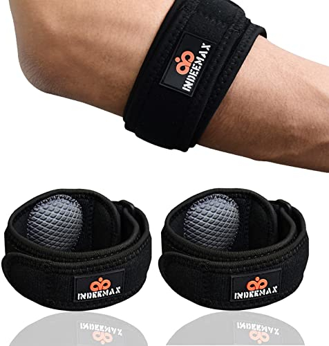 INDEEMAX Ellenbogenbandage, Einstellbare Tennisarm-Bandage für Herren Damen, Ellbogen-Bandage für Epicondylitis Spange, Sehnenentzündung, Unterarm Schmerzen, Golferarm, Sport, Krafts - Schwarz, 2 Pack