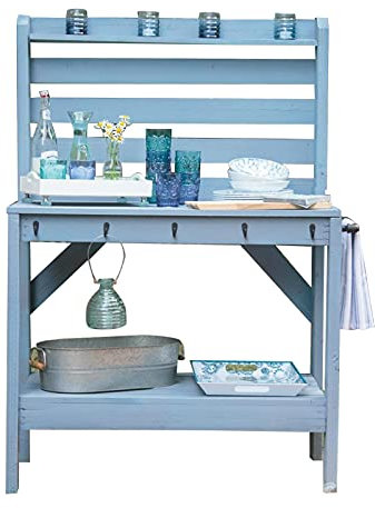 FQMYLTYN Holzpflanztisch für Fen Garten, Pflanztisch Garten Arbeitstisch für Plant Bar Grill mit 5 Haken und Handtuchhaltern für Terrasse, Garten, Hinterhof, Blau (Size : 100x45x155cm)