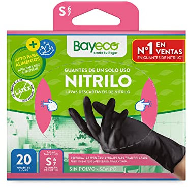 Bayeco - Gants à usage unique en nitrile - Couleur noire - Ambidextres - Doigts texturés pour une meilleure prise en main - Finition bordure enroulée - Pack distributeur de 20 unités - Taille S