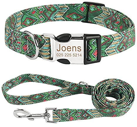 Piang Gouer Personalisierte Hundehalsband Vintage Böhmen Haustierhalsband Benutzerdefinierter Name und Telefonnummer Hundehalsband Tag Katzenhalsbänder für kleine mittelgroße Hunde(Grün-Set-M)