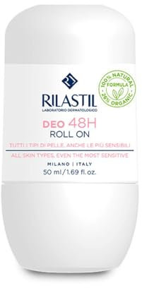 Rilastill Deo Roll On 48H, Deodorante Roll On Traspirante, con Olio di Cocco, Aloe e Burro di Karité, per Tutti i Tipi di Pelle, 100% Naturale, Profumo Delicato, Confezione da 50ml
