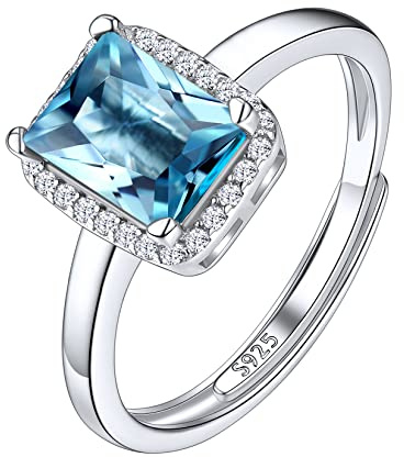 Suplight Damen Ringe aus 925 Sterling Silber Kristall Fingerring mit Geburtsstein März in Quadratschnittform Zirkonia Damenring Synthetischer Aquamarin
