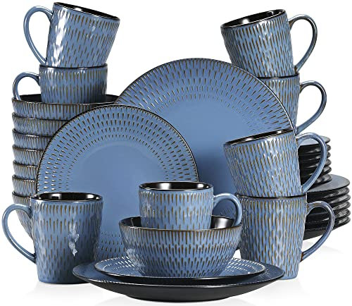vancasso serie Pluvo Vajillas Completas de Cerámica 32 pcs con 8 Tazas/Tazones y Platos de Postre, Platos Llanos, para 8 Personas, Diseño de Línea de Lluvia en Relieve Vajilla Vintage- Azul