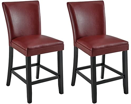 Padma House Set mit 2 Barhockern, roten Barstühlen mit Rückenlehne, Esszimmerstühlen Beinen aus massivem Holz, atmungsaktivem Leder, gepolsterten Hockern für das Esszimmer (Sitzhöhe 61 cm, Rot)