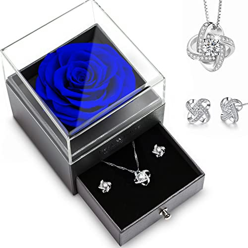 Rosa Eterna,Handmade Rosa Eternal,Rosa Reale Conservata Eterna con Orecchini Collana in Argento 925, Blu Rosa Eterna Rossa per Moglie,Mamma,Regalo Mamma,Regalo Compleanno,Regalo Anniversario per Lei