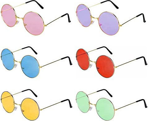 TSHAOUN 6 Paar Oval Brille Partybrillen Set Retro Brille Vintage Kleine Brille, Runde Hippie Sonnenbrille, Vintage Rundbrille Farbige Gläser für 60er 70er Jahre Party Kostümzubehör (Bunt)