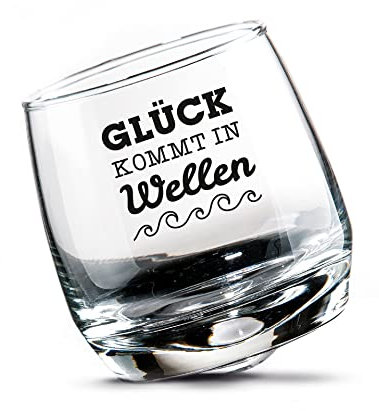 Seaside No.64 - Wackelglas/Whiskeyglas/Schwenkglas/Rumglas - 2er Set Geschenkbox - Party Sturmglas für den gemütlich Abend mit maritimen Aufdruck - Spülmaschinenfest (Glück kommt in Wellen)