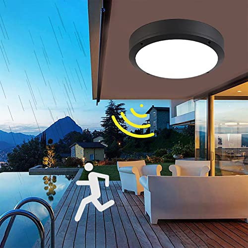 KZT LED Ceiling Light with Motion Sensor IP65 Waterproof Bathroom Light 18W Ceiling Lamp with Motion detectors Aluminium Round Ceiling Lighting for Hallway Porch Stairway Cold White Light Ø27.5CM