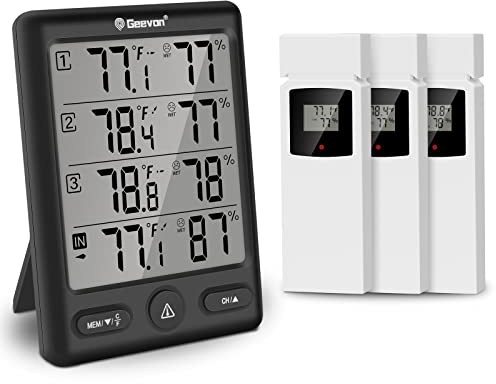 Geevon Indoor Outdoor Thermometer Wireless with 3 Remote Sensors, Digital Hygrometer Indoor Thermometer, Temperature Humidity Monitor Gauge with 200FT/60M Range Black
