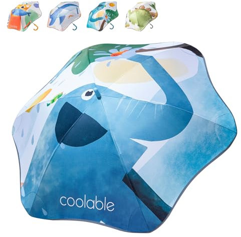coolable Regenschirm für Kinder, Motiv Tiere, UPF 50+, Stockschirm, für Jungen und Mädchen, Durchmesser 90 cm, Rand reflektierend(Elefant)