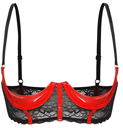 CHICTRY Women's Sexy Wetlook 1/4 Cup Underwired Shelf Bra Balconette Hollow Out Unlined Bralette 2# Red L