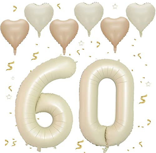 VUCDXOP Cremefarbe Luftballon 60, XXL Riesige Geburtstag Ballon 60, 40 - 101cm Ballon Zahl Deko Folienballon Zahlen 0 & 6, Geburtstagsdeko Jubiläum Party Deko, Fliegt mit Helium (Nummer 60)