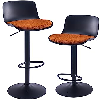 Kidol & Shellder Barhocker 2er Set Esszimmerstuhl Schwarz Orange Fleece Teddy Sitzkissen Drehbar Höhenverstellbar aus Metall Kunststoff Haus Küche Bistro