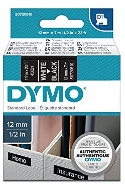 Dymo Cinta Laminada para Rotuladoras D1 45021 LabelManager™ Blanco 12 mm Negro (5 Unidades)
