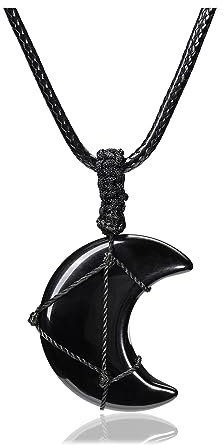 CrystalTears Black Obsidian Crystal Moon Necklace for Women Natural Healing Crystal Gemstone Pendant Necklace Adjustable Quartz Crystal Stone Necklace Jewellery Gift for Women Christmas Birthday