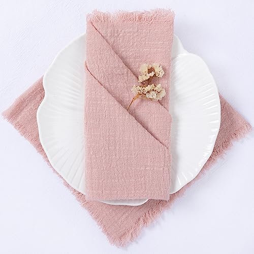LINXTAR Lot de 12 serviettes en étamine faites à la main avec franges - Rose poudré - 45,7 x 45,7 cm - Décoratives - Style bohème - Pour fête de mariage, usage quotidien