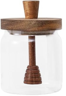 YORROR Honigdosenspender aus Glas mit Holzdeckel und Dipper, 500 ml, Honigbehälter für Sirup, Marmelade, Gelee, Zuhause, Küche, Aufbewahrung