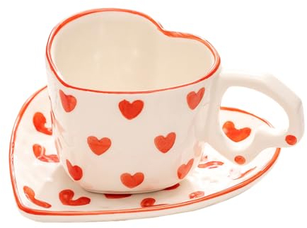WAIT FLY Ensemble de tasses à café en céramique en forme de cœur avec soucoupe, tasse à thé, tasse à petit déjeuner, assiette à dessert, rouge, 237 ml