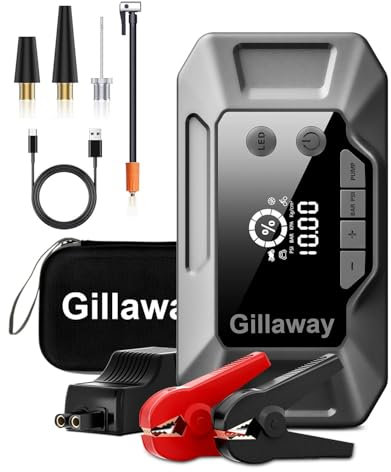 Gillaway Q11 Arrancador de salto con compresor de aire 150PSI, 4500A batería portátil para coche (10L de gas/8.0L diésel), cargador de coche, luz LED, banco de energía HIVAGI.
