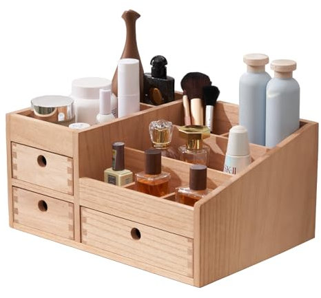 KIRIGENEN Boite de rangement pour maquillage en bois Boite de rangement pour cosmétiques Boite de rangement pour bijoux Boite de rangement pour maquillage avec 3 tiroirs couleur naturelle
