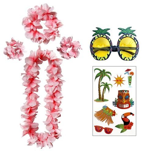 douyif Collana Di Fiori Hawaiana Ghirlande Hawaiane Braccialetti E Fascia Occhiali Ananas Hawaiani Adesivi Set Collane per Hawaiane Festa Spiaggia Tropicale Luau Tiki Aloha 6Pcs (Rosa)