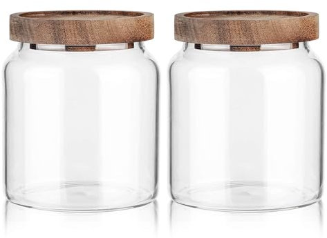 Labina Vorratsgläser Glas mit Holz Deckel, Glasbehälter Töpfe Weithals Aufbewahrungsglas mit Holzdeckel, Luftdicht Aufbewahrungsglas mit Deckel für Zucker,Spaghetti,Nüsse und Süßigkeiten 2x600ml