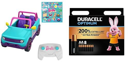 HOT Wheels Barbie Ferngesteuerter SUV mit Aufklebern, kann 2 Barbie-Puppen Plus Zubehör aufnehmen, individuelle Gestaltung durch aufklebbare Sticker, HTP53 + Duracell Optimum Batterien AA, 8 Stück, bi